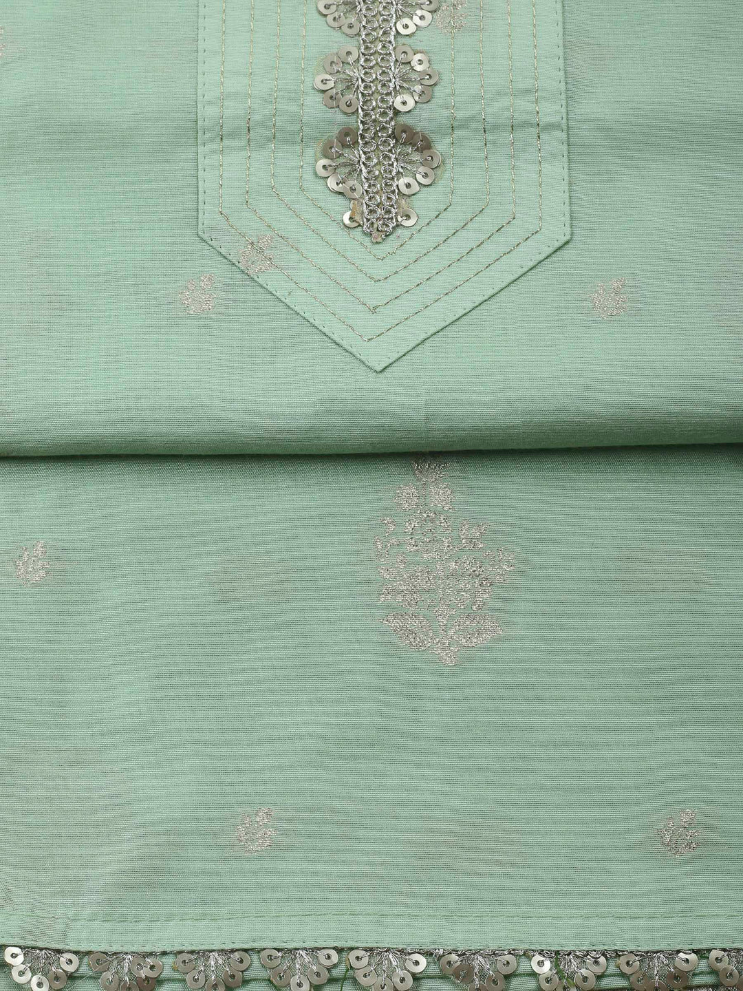 Pista Green Embroidered Chanderi Unstitched Suit &amp; Pant With Banarsi Dupatta
