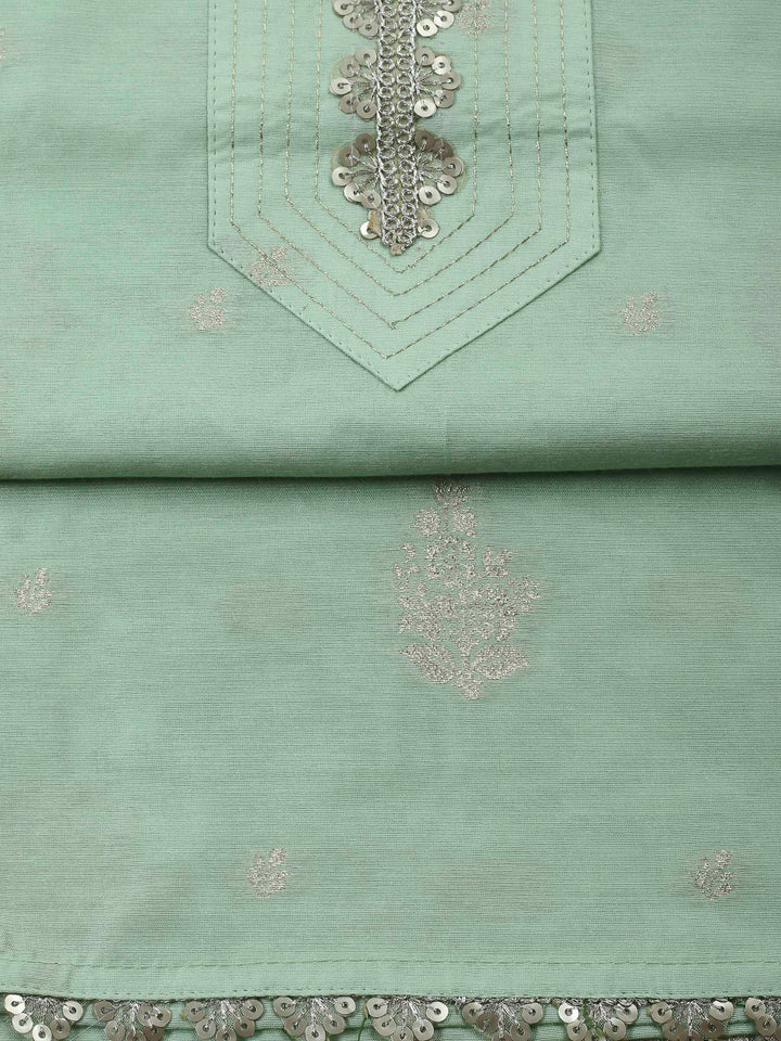 Pista Green Embroidered Chanderi Unstitched Suit &amp; Pant With Banarsi Dupatta