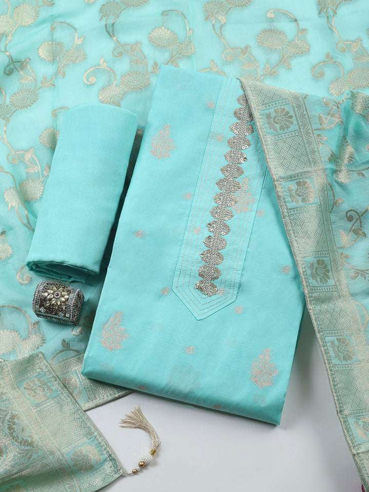 Sea Green Embroidered Chanderi Unstitched Suit &amp; Pant With Banarsi Dupatta