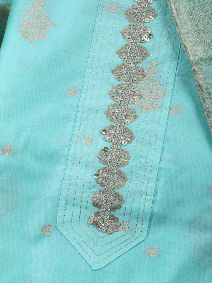 Sea Green Embroidered Chanderi Unstitched Suit &amp; Pant With Banarsi Dupatta