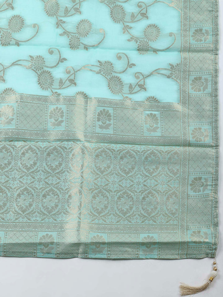 Sea Green Embroidered Chanderi Unstitched Suit &amp; Pant With Banarsi Dupatta