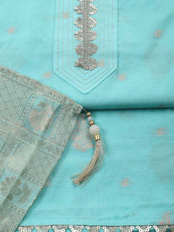 Sea Green Embroidered Chanderi Unstitched Suit &amp; Pant With Banarsi Dupatta
