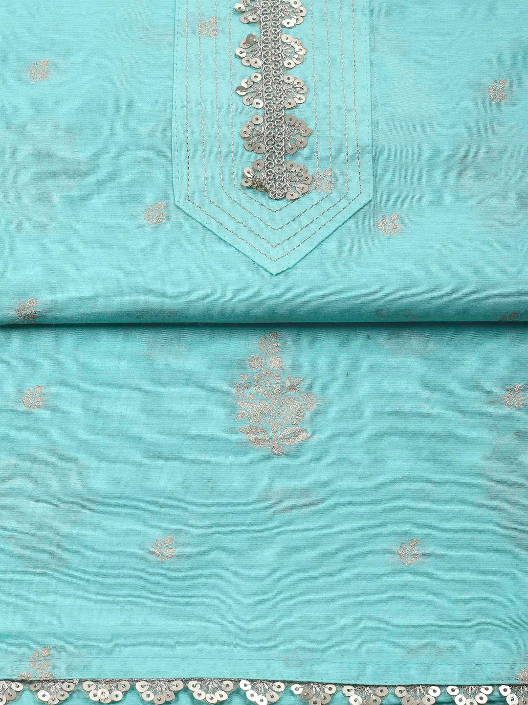 Sea Green Embroidered Chanderi Unstitched Suit &amp; Pant With Banarsi Dupatta