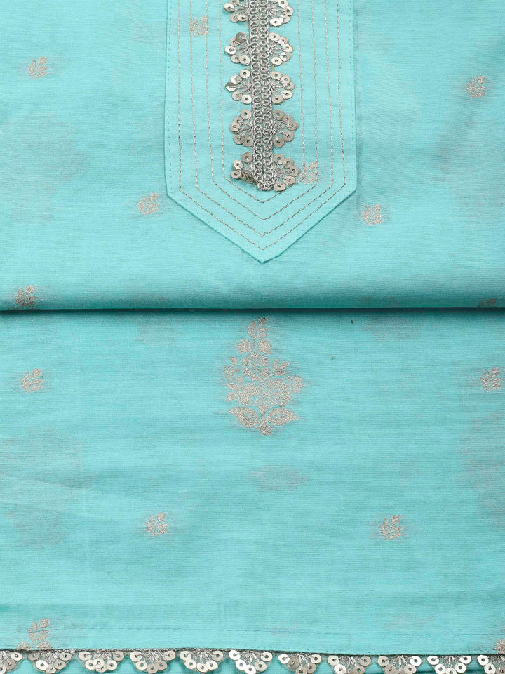 Sea Green Embroidered Chanderi Unstitched Suit &amp; Pant With Banarsi Dupatta