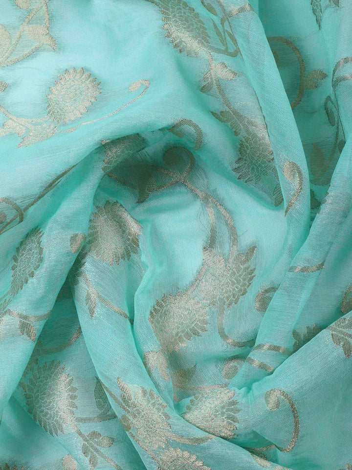 Sea Green Embroidered Chanderi Unstitched Suit &amp; Pant With Banarsi Dupatta