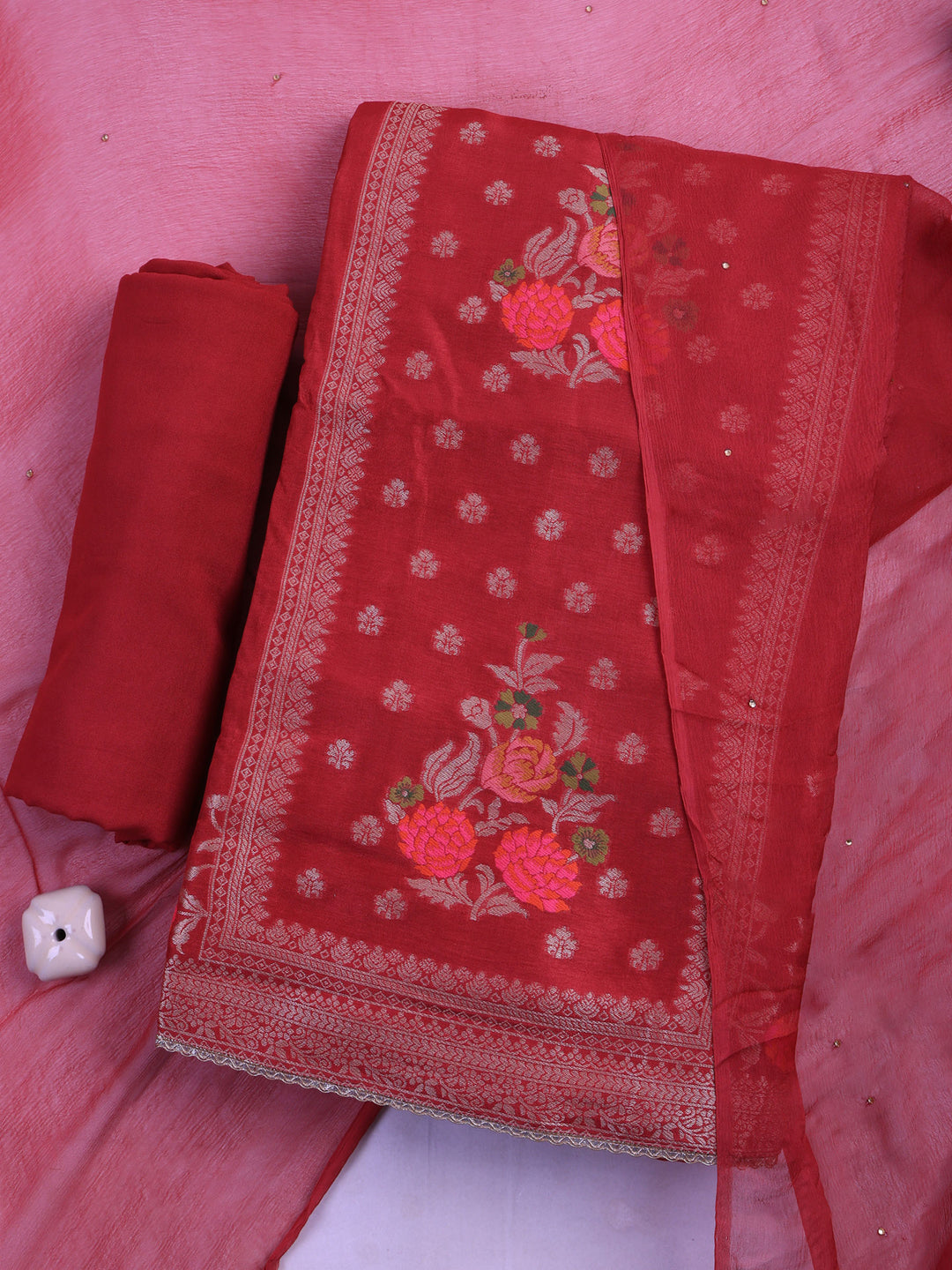 Brick Chanderi Woven Design Unstitched Dress Material