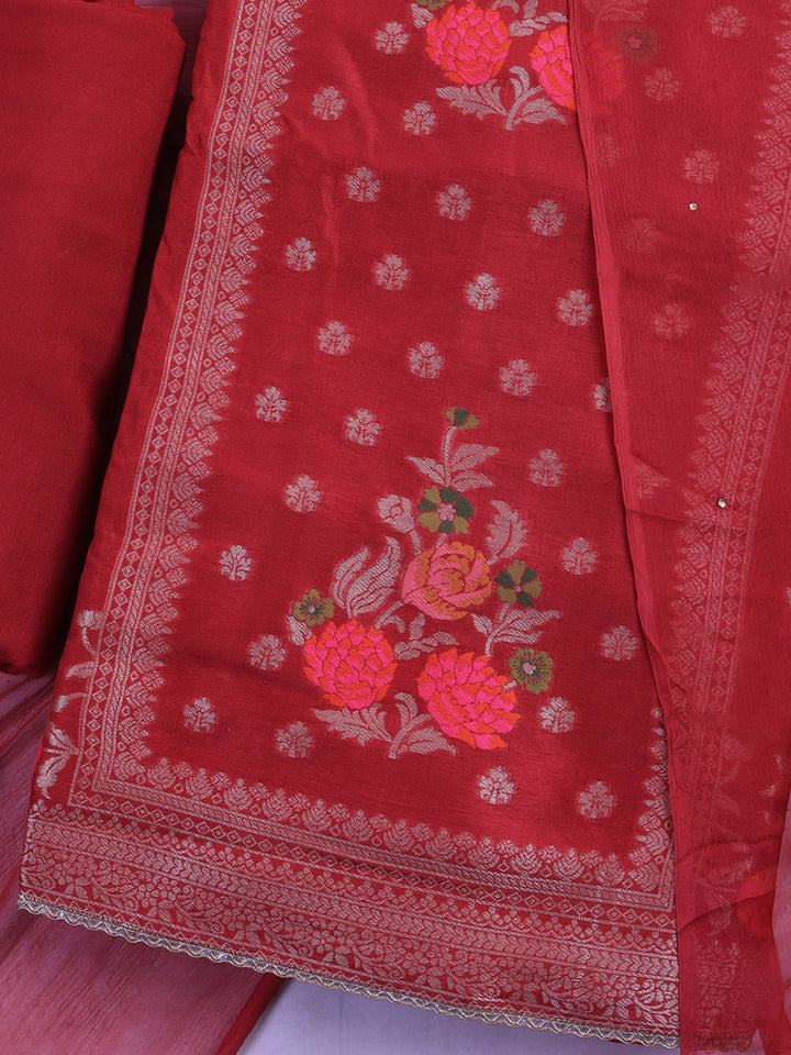 Brick Chanderi Woven Design Unstitched Dress Material