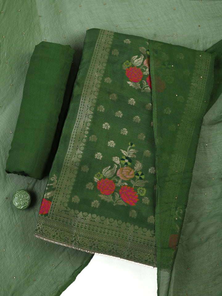 Green Chanderi Woven Design Unstitched Dress Material