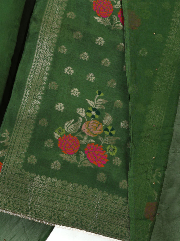 Green Chanderi Woven Design Unstitched Dress Material