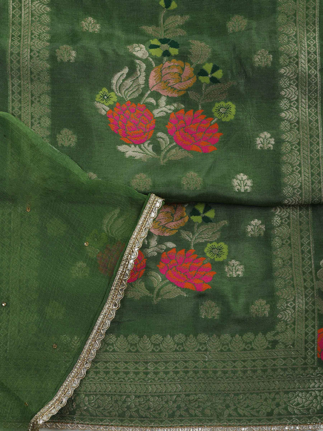Green Chanderi Woven Design Unstitched Dress Material