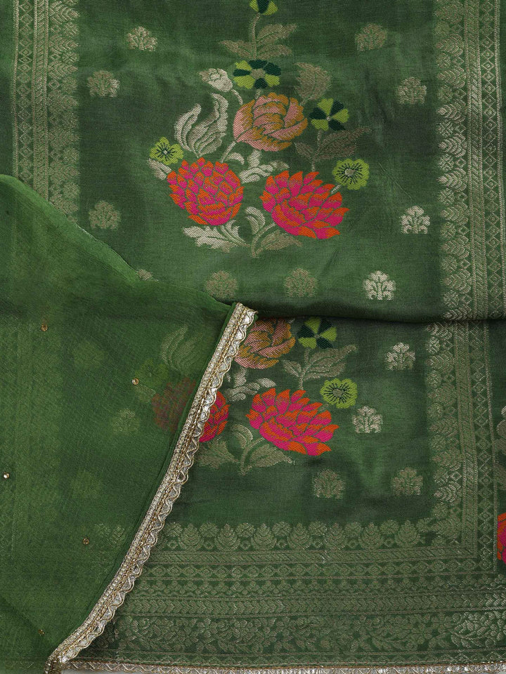 Green Chanderi Woven Design Unstitched Dress Material