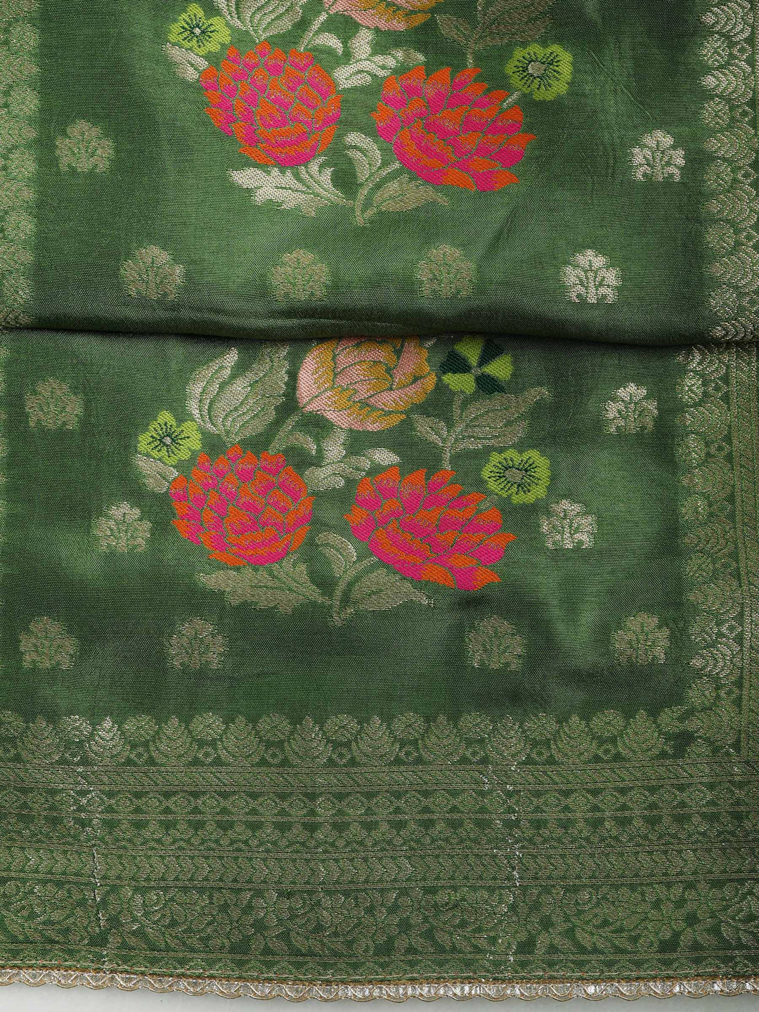 Green Chanderi Woven Design Unstitched Dress Material