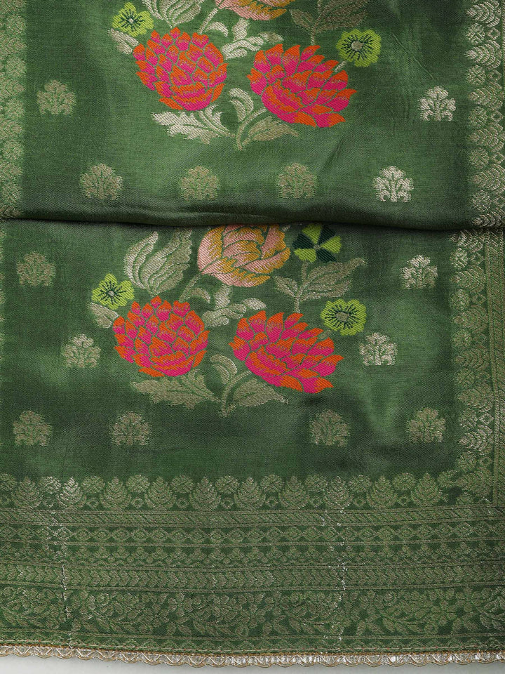 Green Chanderi Woven Design Unstitched Dress Material