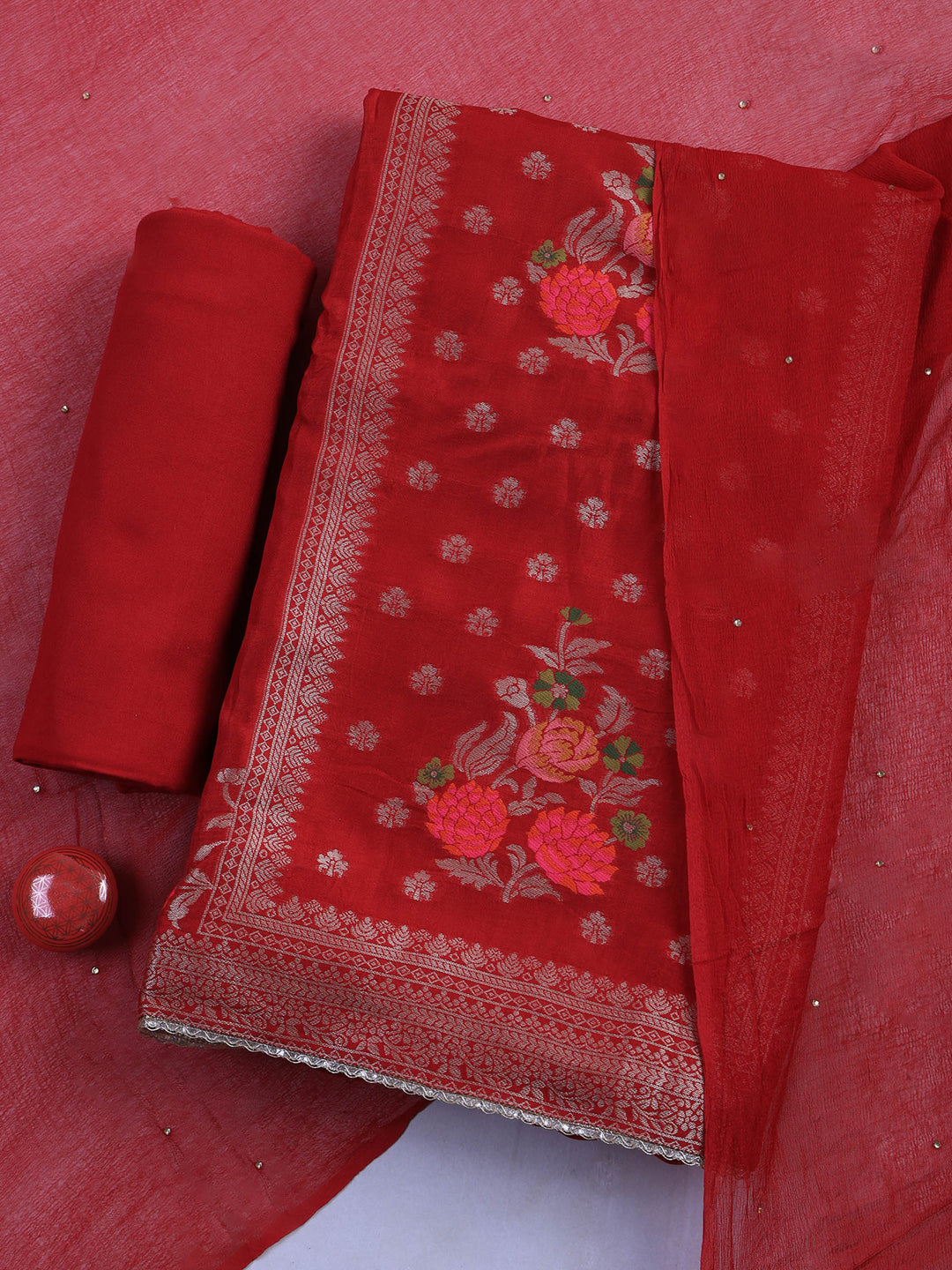 Maroon Chanderi Woven Design Unstitched Dress Material