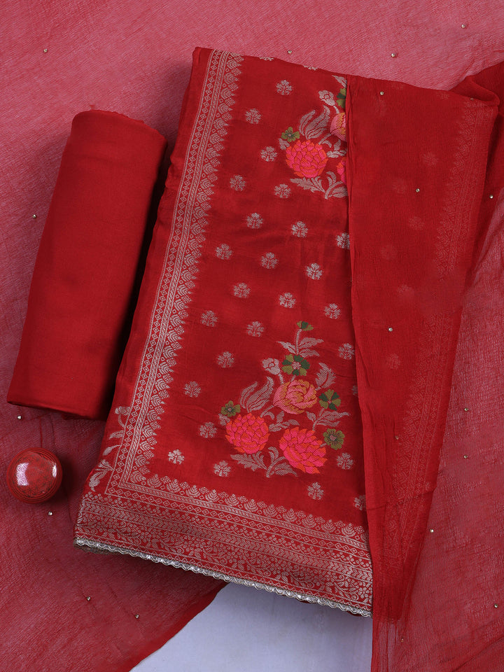 Maroon Chanderi Woven Design Unstitched Dress Material