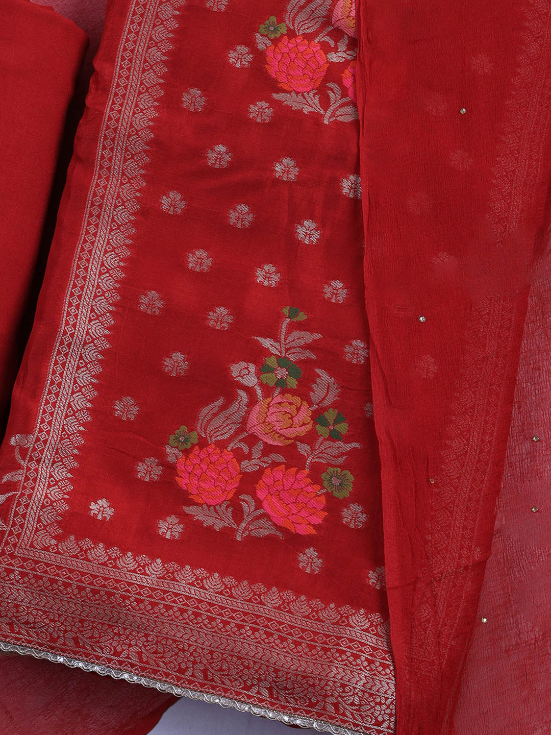 Maroon Chanderi Woven Design Unstitched Dress Material