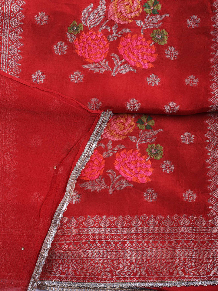 Maroon Chanderi Woven Design Unstitched Dress Material