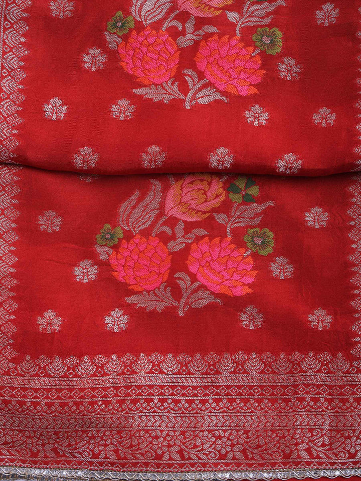 Maroon Chanderi Woven Design Unstitched Dress Material