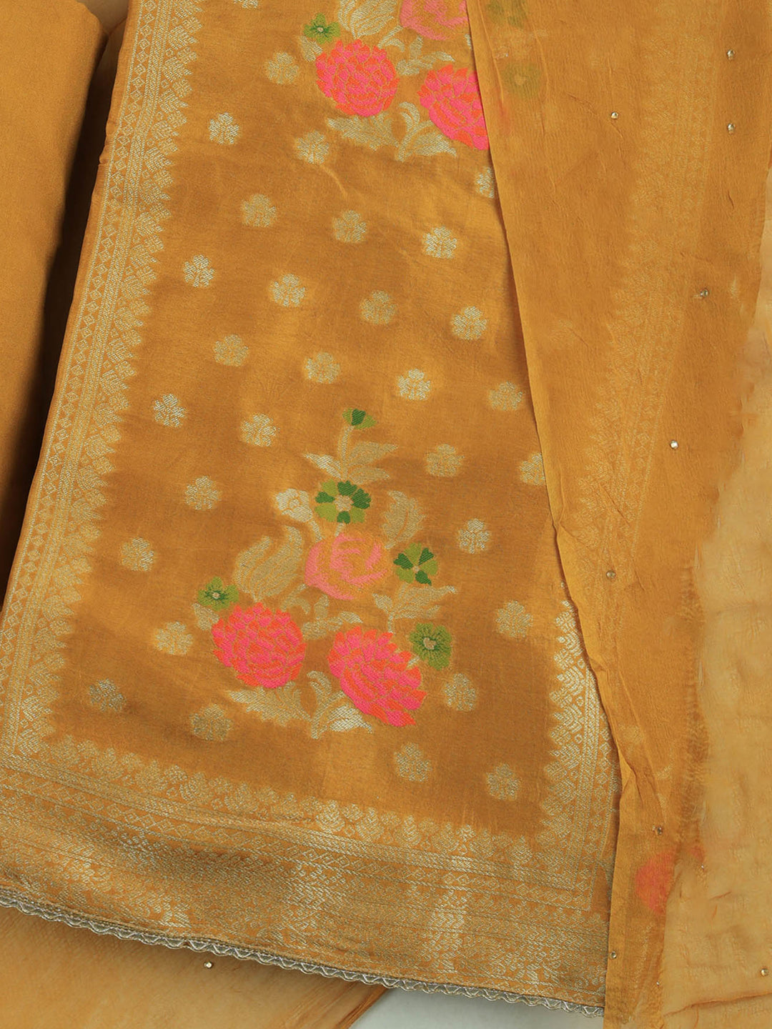 Mustard Chanderi Woven Design Unstitched Dress Material