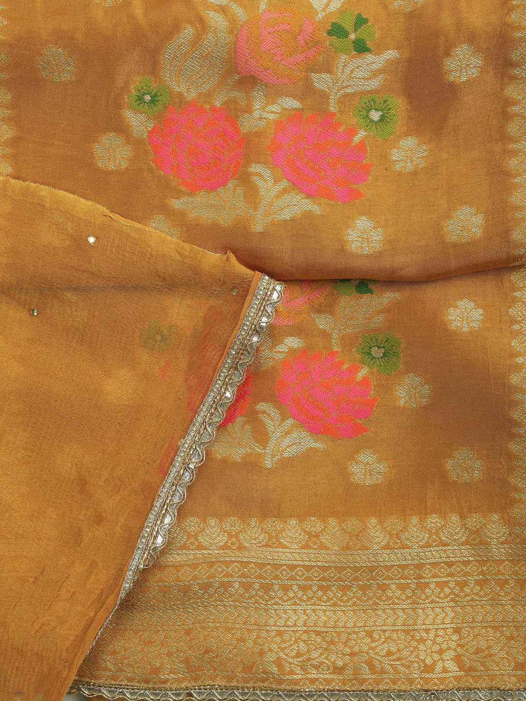 Mustard Chanderi Woven Design Unstitched Dress Material
