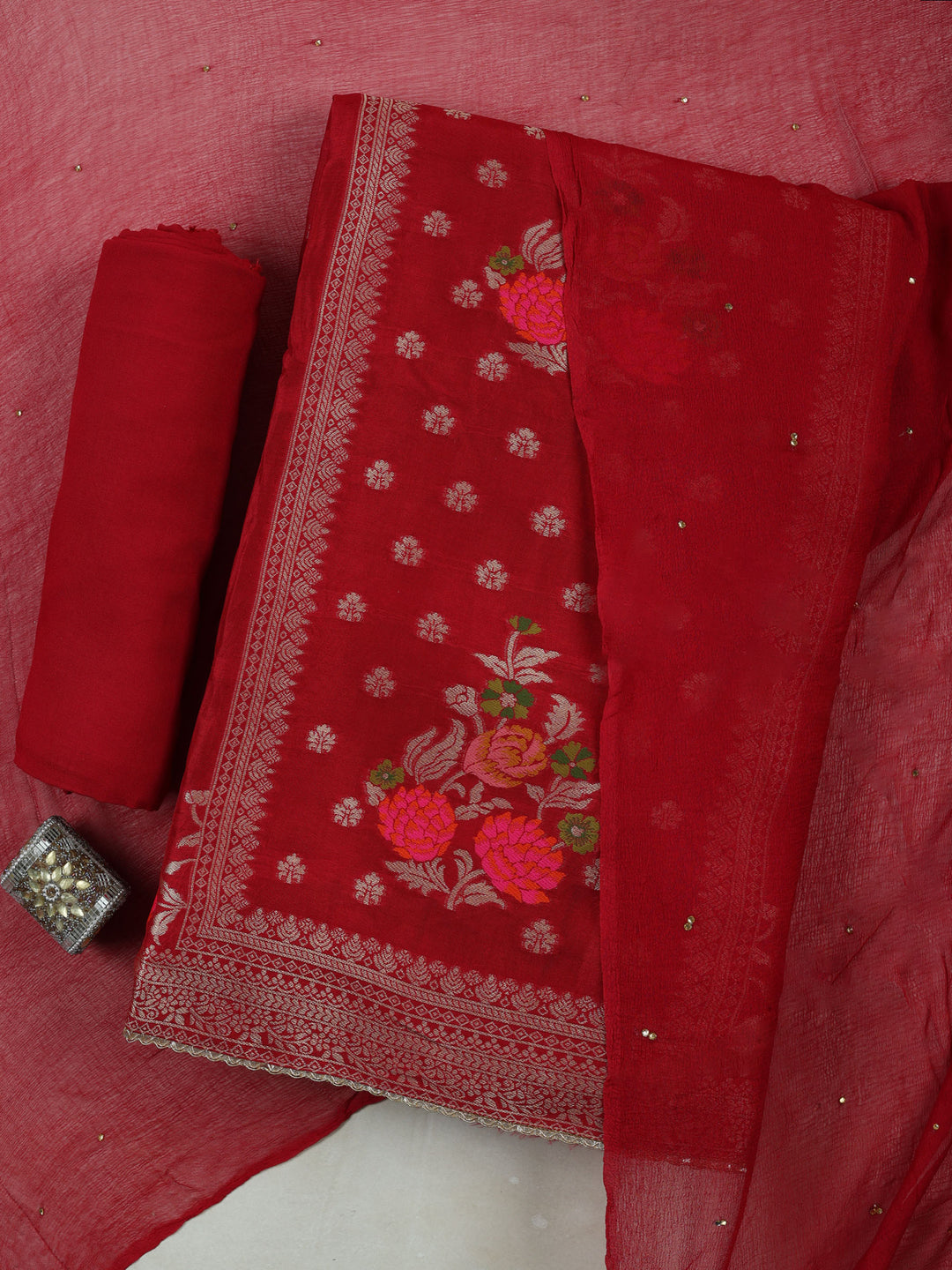 Red Chanderi Woven Design Unstitched Dress Material