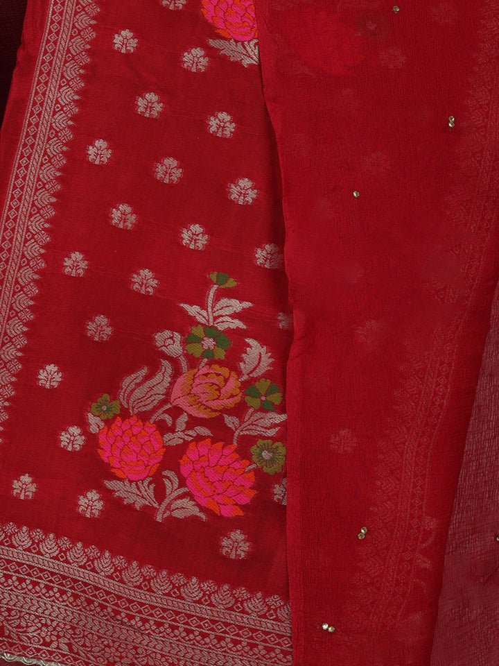 Red Chanderi Woven Design Unstitched Dress Material