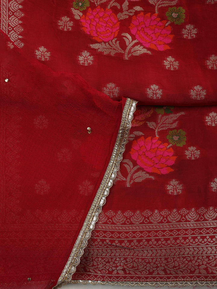 Red Chanderi Woven Design Unstitched Dress Material