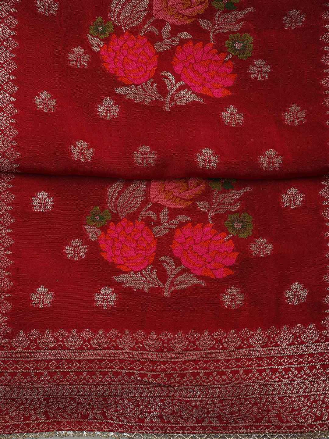 Red Chanderi Woven Design Unstitched Dress Material