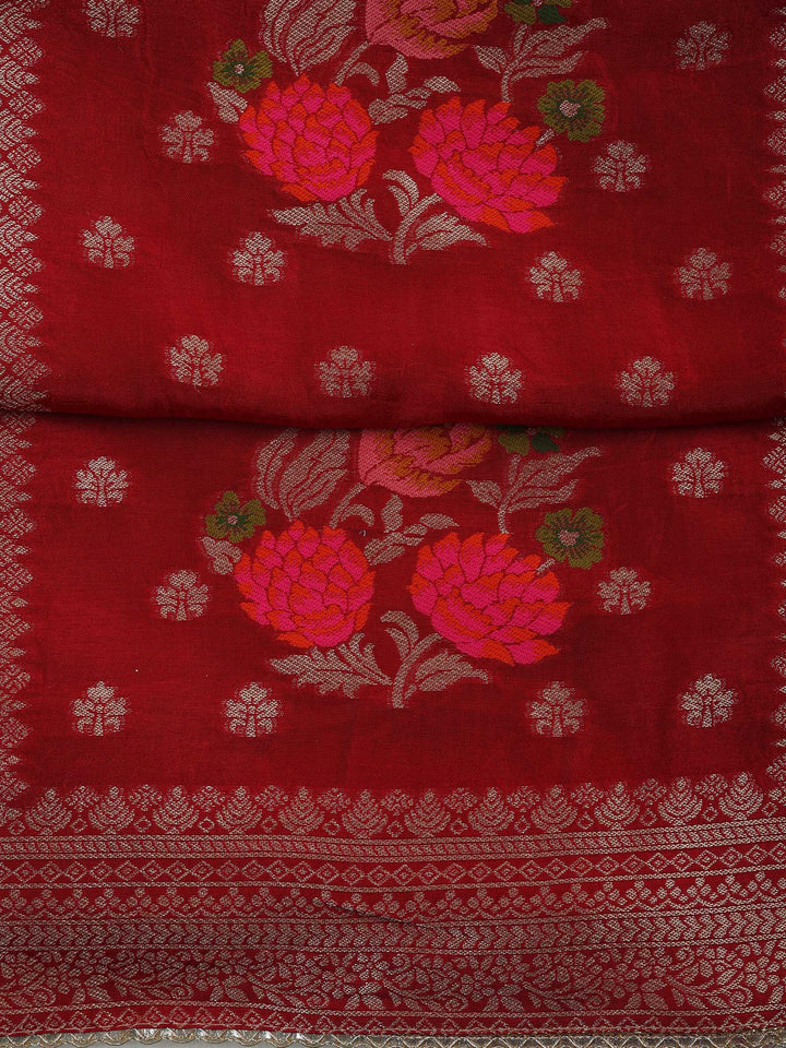 Red Chanderi Woven Design Unstitched Dress Material