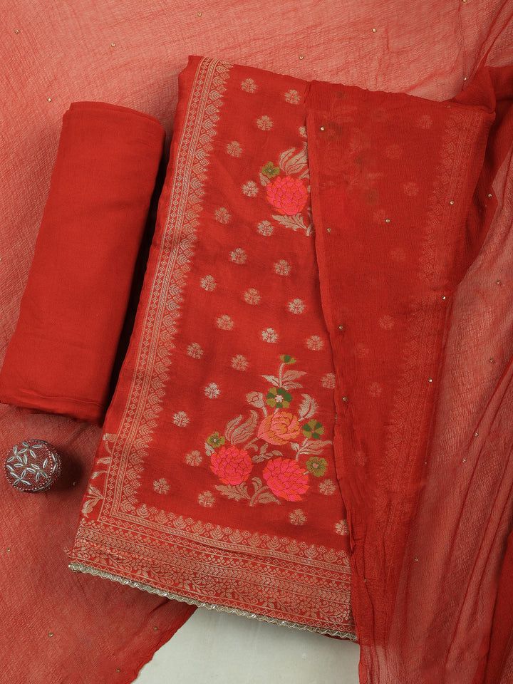 Rust Chanderi Woven Design Unstitched Dress Material