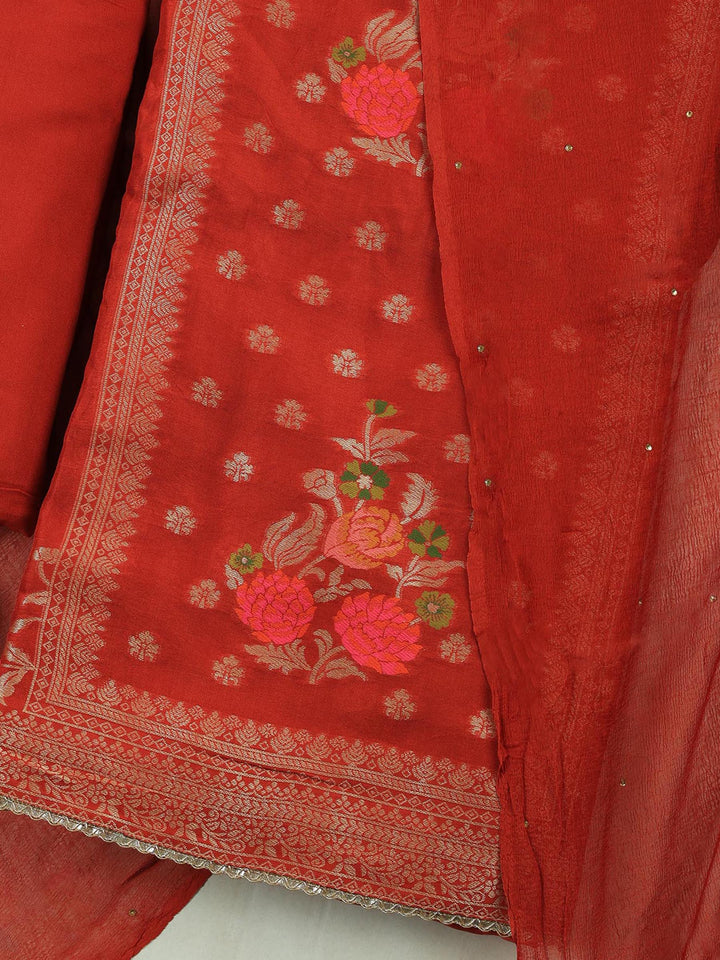 Rust Chanderi Woven Design Unstitched Dress Material