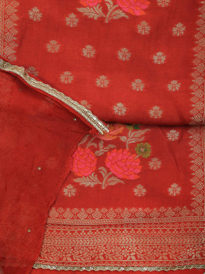 Rust Chanderi Woven Design Unstitched Dress Material