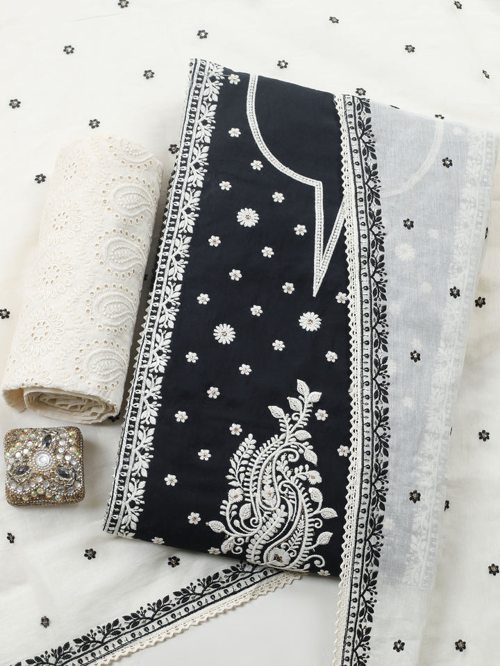 Black Embroidered Cotton Blend Unstitched Suit &amp; Pant With Cotton Dupatta