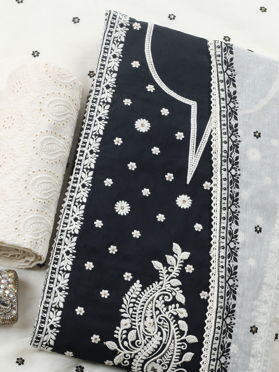 Black Embroidered Cotton Blend Unstitched Suit &amp; Pant With Cotton Dupatta