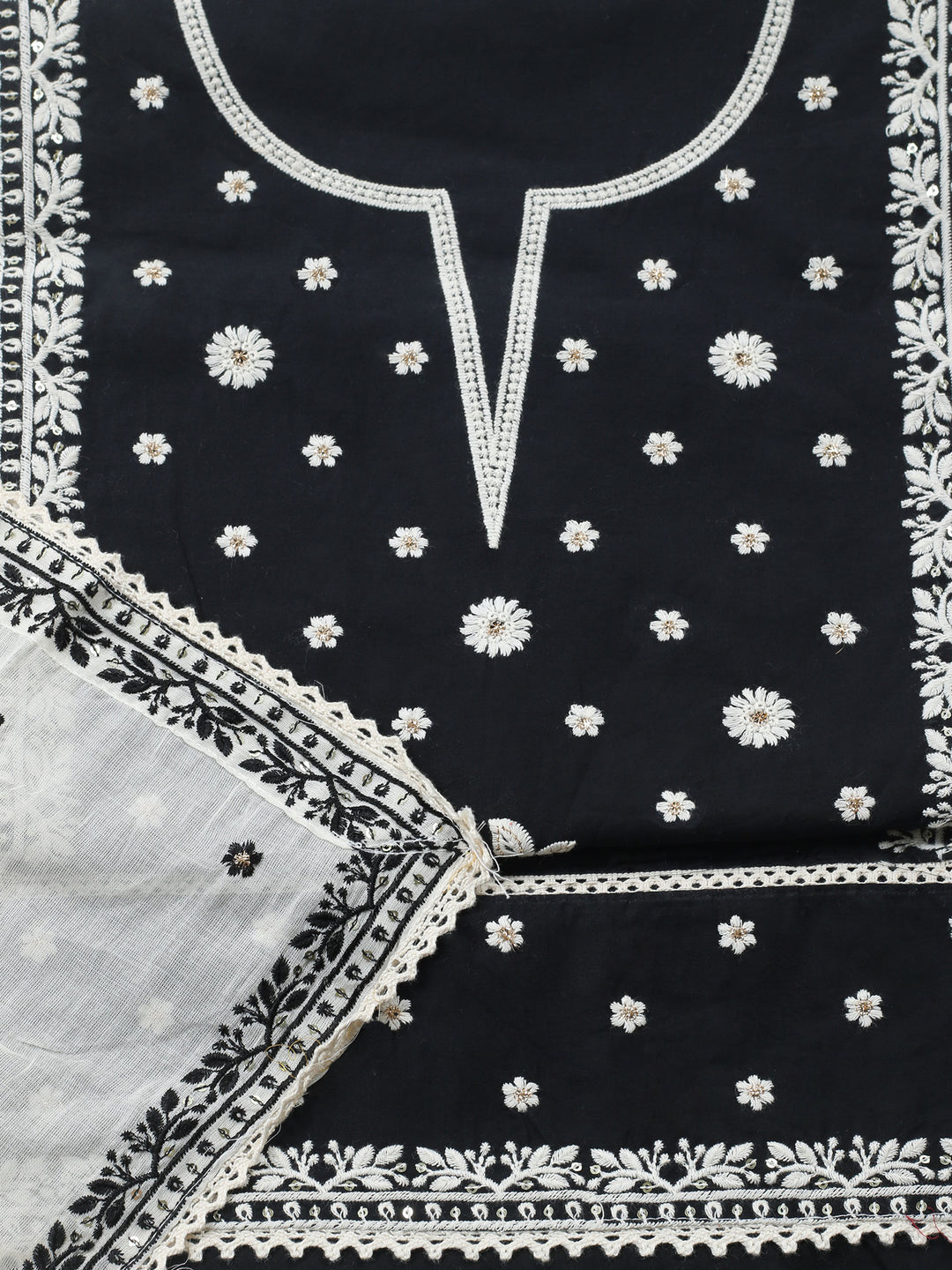 Black Embroidered Cotton Blend Unstitched Suit &amp; Pant With Cotton Dupatta