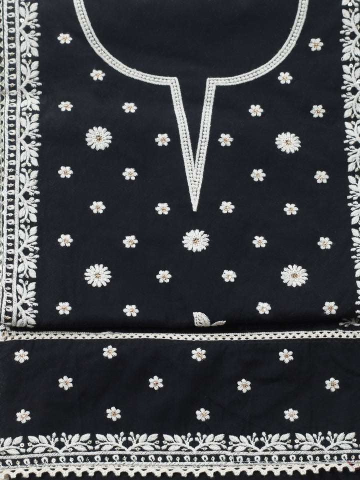 Black Embroidered Cotton Blend Unstitched Suit &amp; Pant With Cotton Dupatta