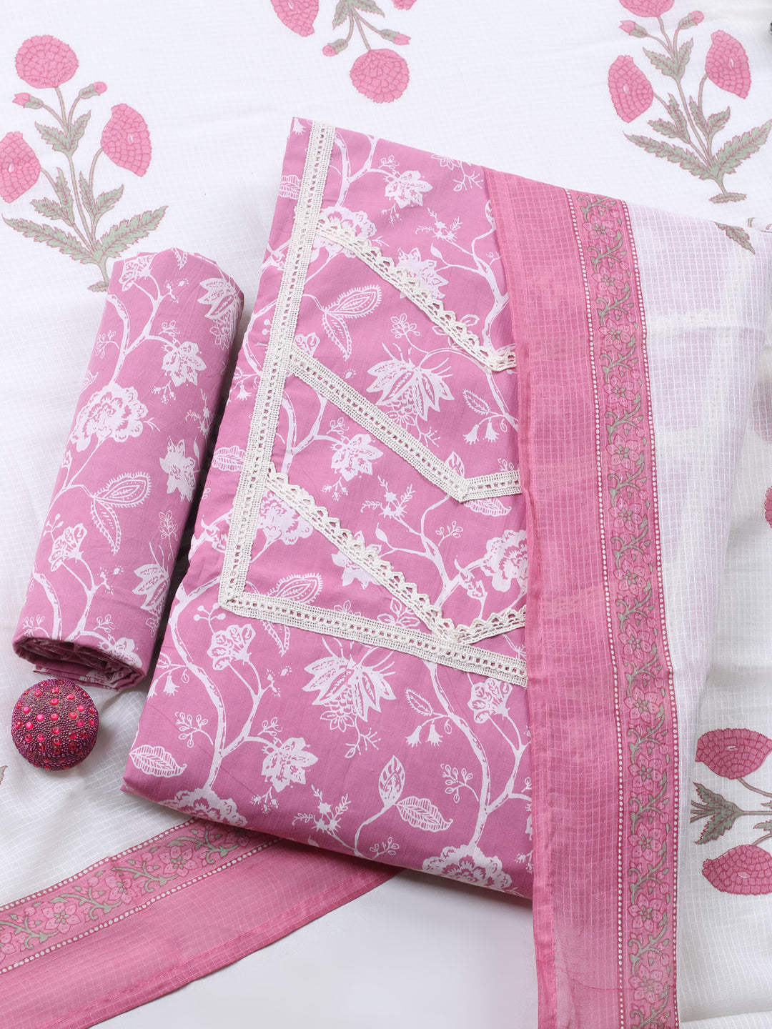 Pink Embroidered Cotton Blend Unstitched Suit &amp; Pant With Cotton Dupatta