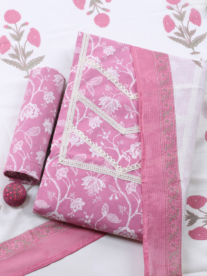 Pink Embroidered Cotton Blend Unstitched Suit &amp; Pant With Cotton Dupatta