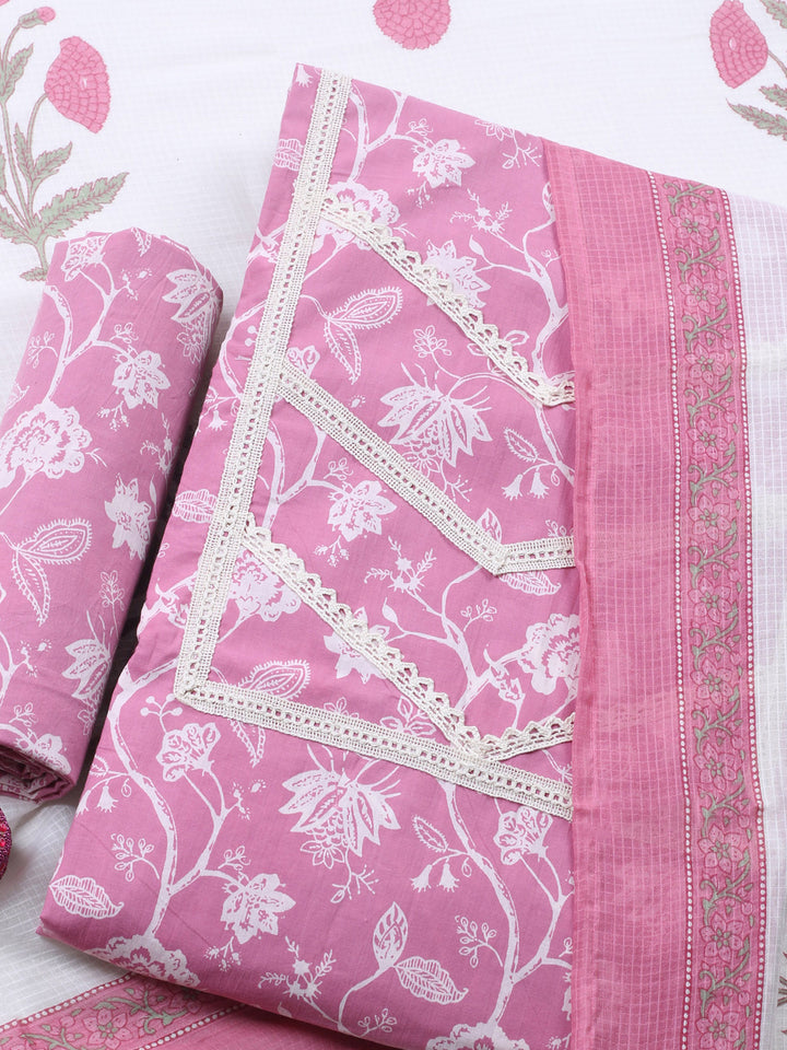 Pink Embroidered Cotton Blend Unstitched Suit &amp; Pant With Cotton Dupatta