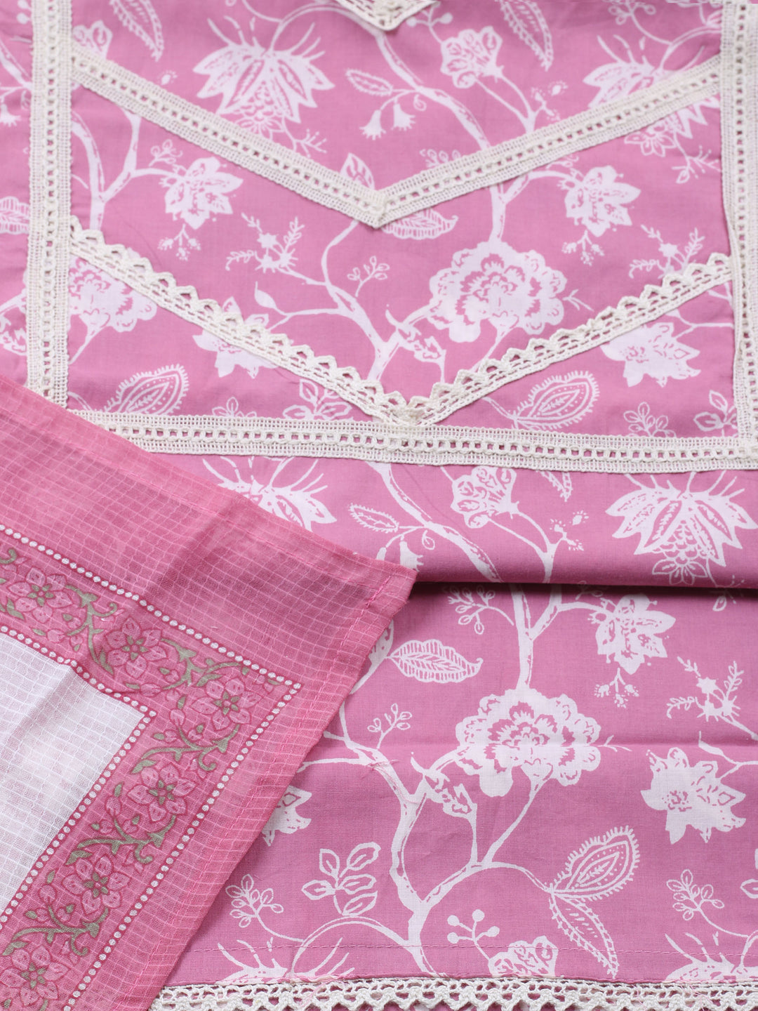Pink Embroidered Cotton Blend Unstitched Suit &amp; Pant With Cotton Dupatta