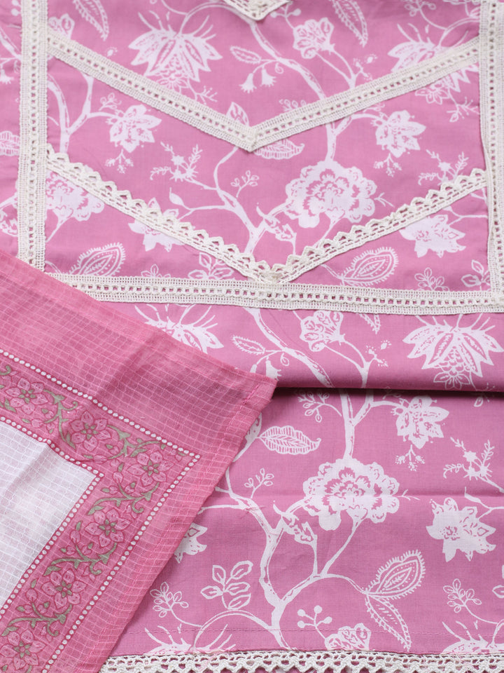 Pink Embroidered Cotton Blend Unstitched Suit &amp; Pant With Cotton Dupatta