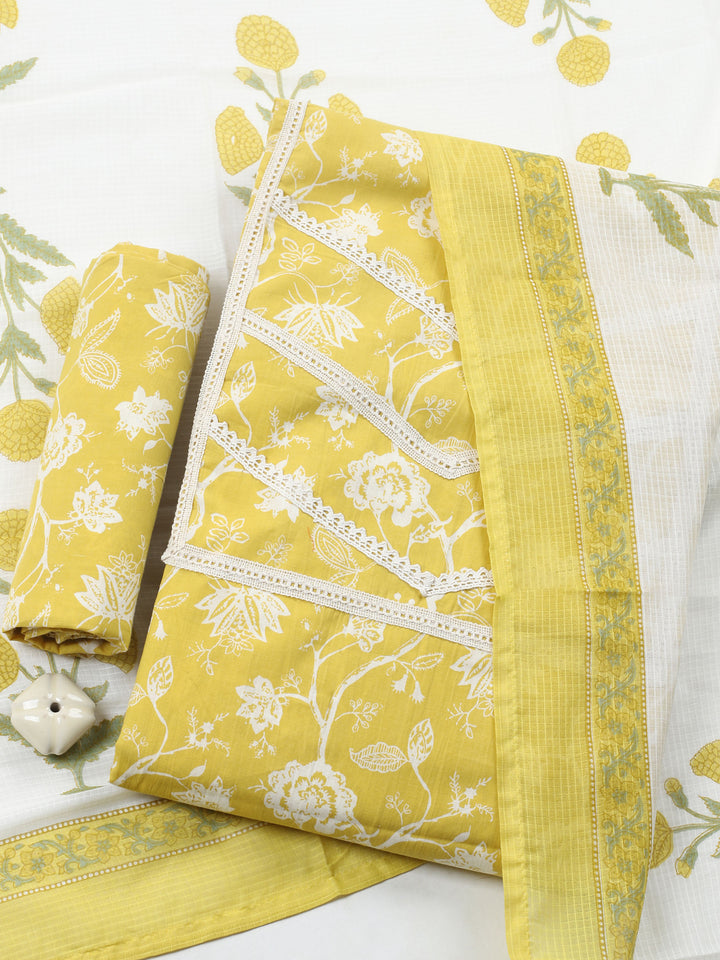 Yellow Embroidered Cotton Blend Unstitched Suit &amp; Pant With Cotton Dupatta