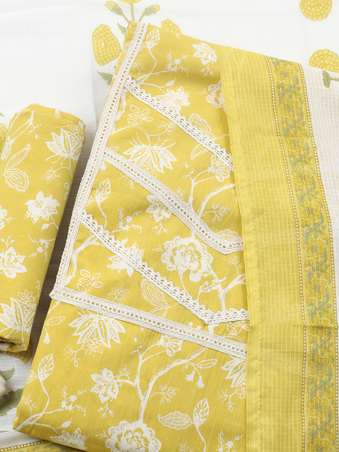 Yellow Embroidered Cotton Blend Unstitched Suit &amp; Pant With Cotton Dupatta