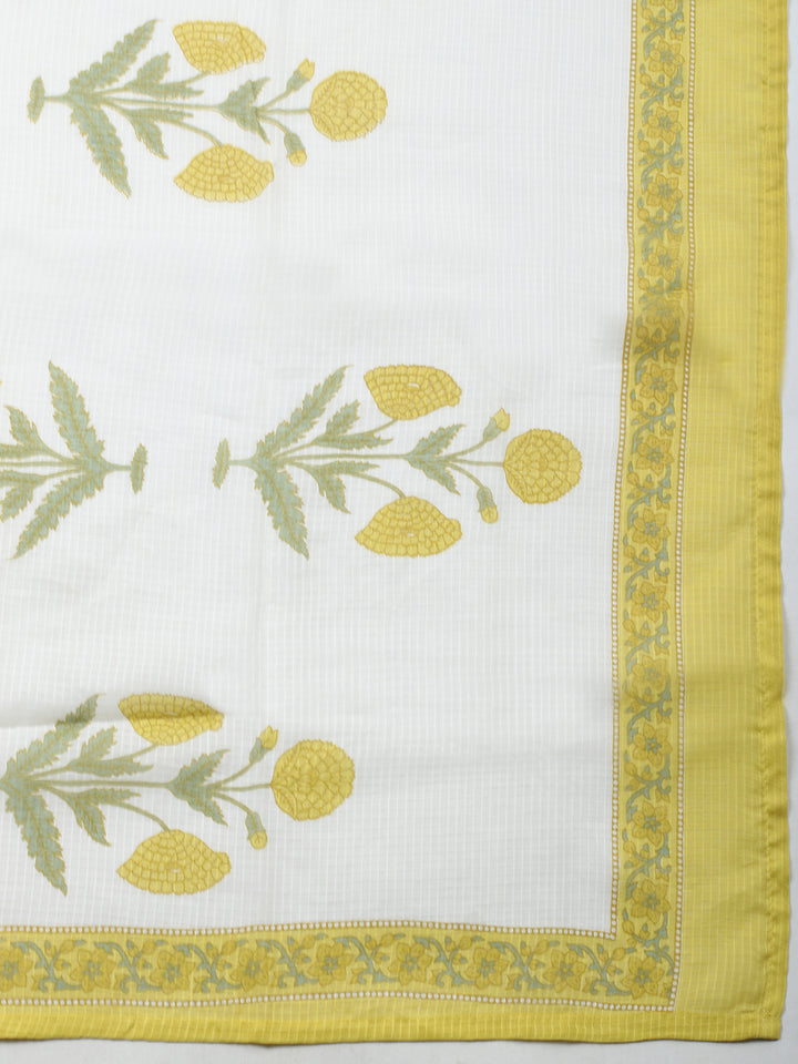 Yellow Embroidered Cotton Blend Unstitched Suit &amp; Pant With Cotton Dupatta