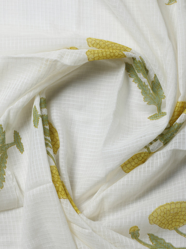Yellow Embroidered Cotton Blend Unstitched Suit &amp; Pant With Cotton Dupatta