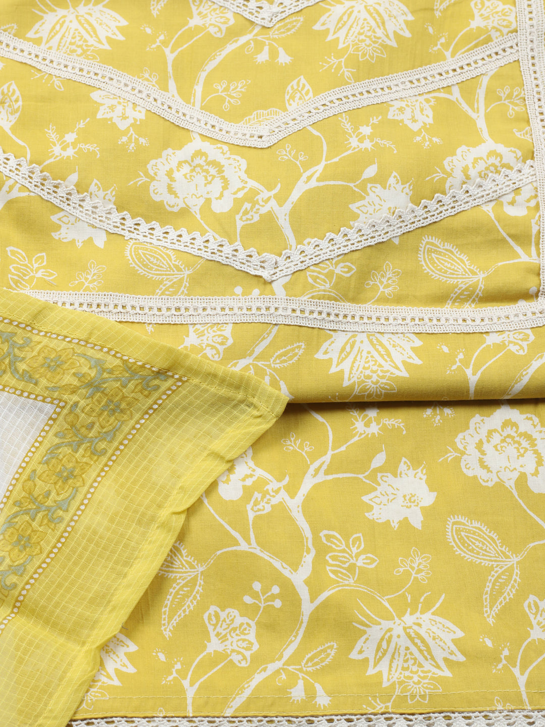 Yellow Embroidered Cotton Blend Unstitched Suit &amp; Pant With Cotton Dupatta