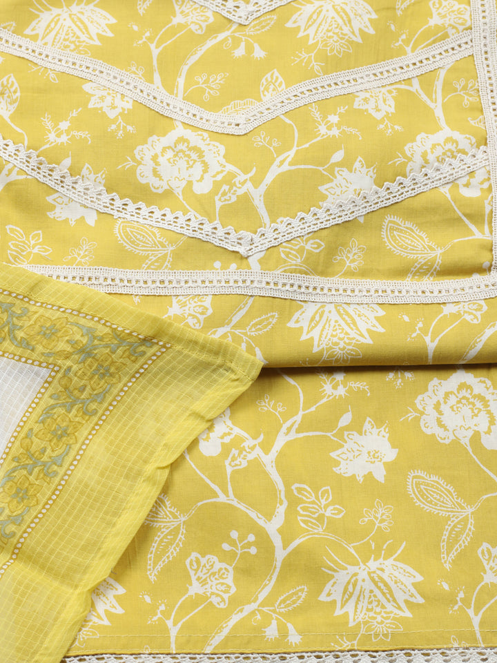 Yellow Embroidered Cotton Blend Unstitched Suit &amp; Pant With Cotton Dupatta