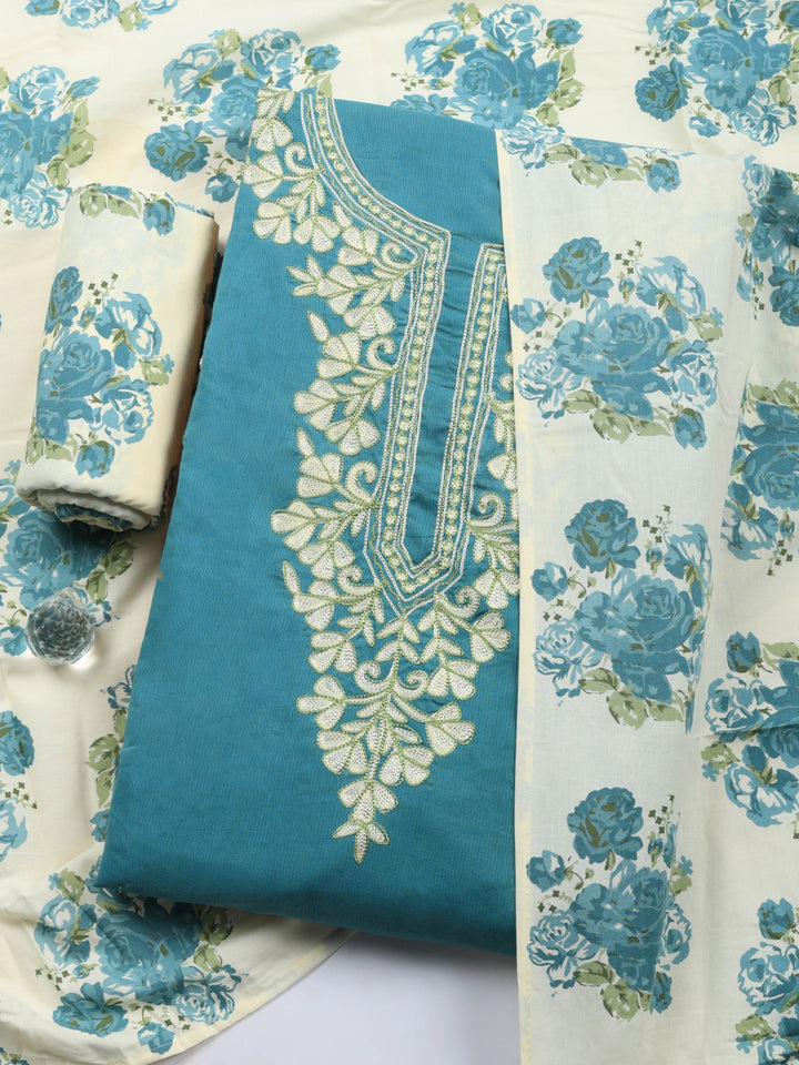 Aqua Blue Embroidered Cotton Blend Unstitched Suit &amp; Pant With Cotton Dupatta