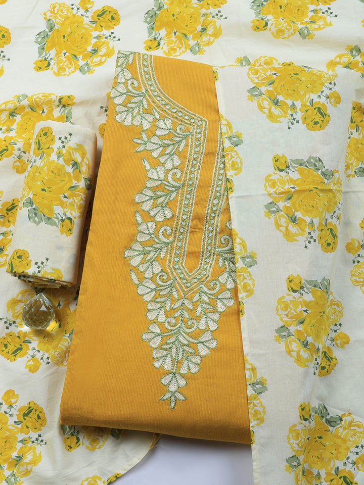 Mustard Embroidered Cotton Blend Unstitched Suit &amp; Pant With Cotton Dupatta