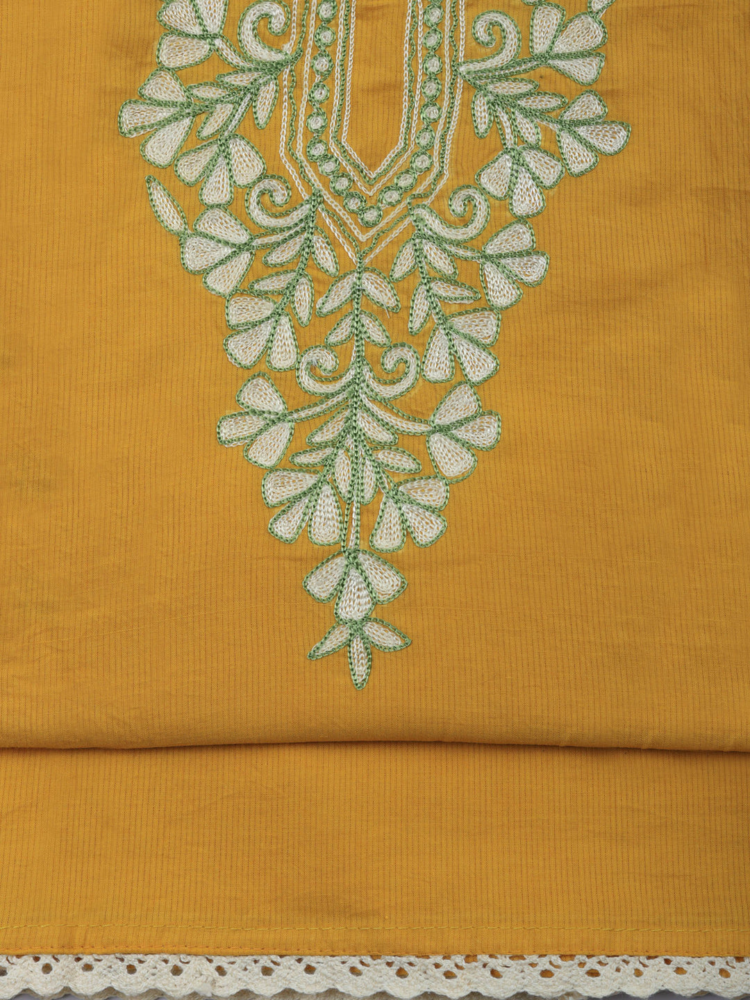 Mustard Embroidered Cotton Blend Unstitched Suit &amp; Pant With Cotton Dupatta
